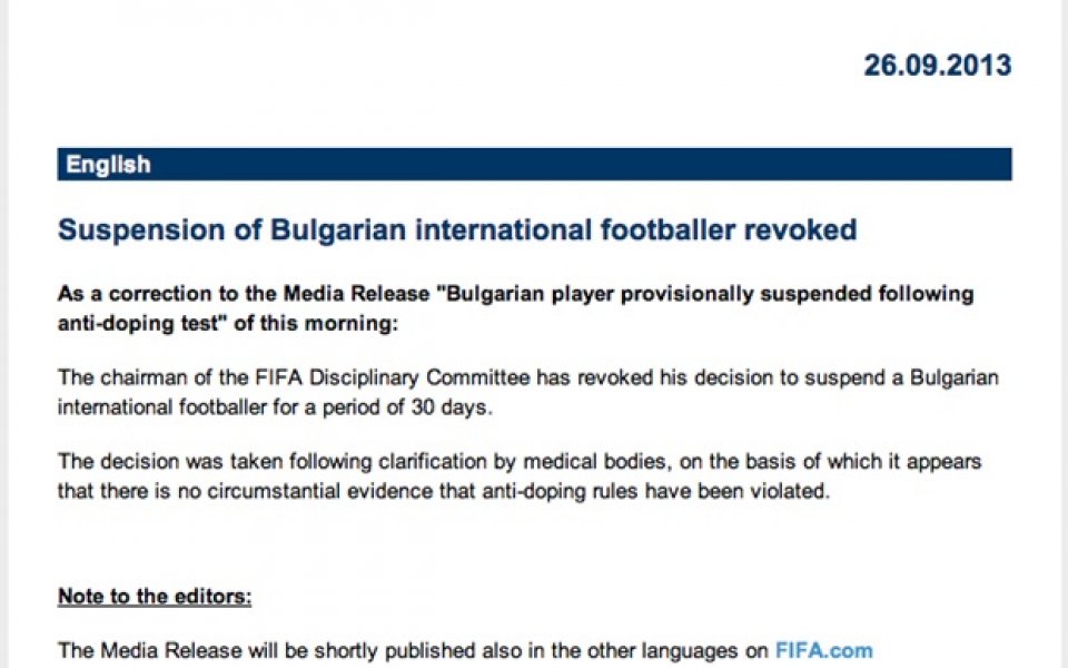 ФИФА отмени наказанието на Минев
