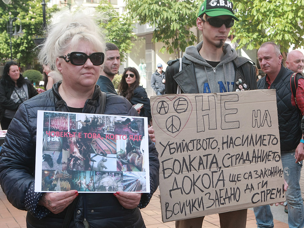 Протест "Месото е убийство" организираха вегани и вегетарианци в София. Хора, пакетирани като пилета в тарелки, бяха "сервирани" на бул. Витоша