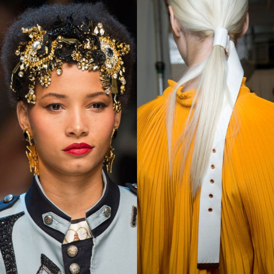 Аксесоари за коса: 
Модните аксесоари са черешката на стайлинга, а аксесоарите за коса блестящият завършек на прическата. Някоя от вас да си спомня за представяне на пролетно-лятна модна колекция на Dolce&Gabbana;, на която моделите да са без пъстроцветни аксесоари в косите? Аз не. От дискретни ластик или фиба до впечатляващи шноли, диадеми, ленти и много други.