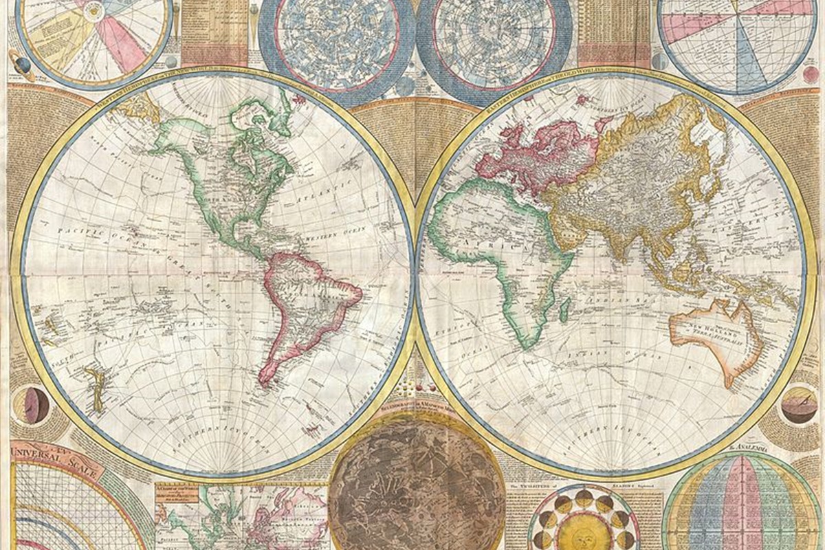 <p>Картата на Самюел Дън от XVIII в. изобразява целия свят в проекция на две полукълба. Точността и нейната пълнота са благодарение на мореплавателските експедиции по това време.</p>