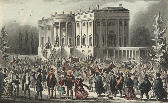 Илюстрация на тълпите от хора, чакащи да влязат на приема в чест на новия президент - Андрю Джаксън