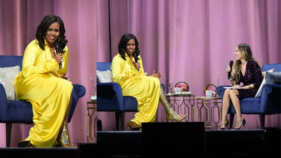 Жълтата блестяща принцеса на Balenciaga: Мишел Обама облече най-смелия си тоалет досега