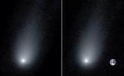  Кометата 2l/Borisov, дясната фотография е колаж, като Земята е употребена, с цел да се покаже мащабът на кометата по отношение на нея 