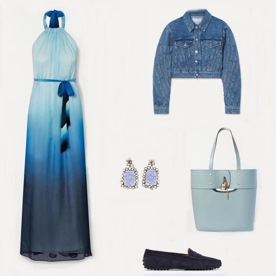 <p>Омбре</p>

<p>Класическият нюанс на синьото е много подходящ за омбре миксове. Крайният резултат е красив като преливащите се нюанси на небе или на море. Дълга омбре рокля Jonathan Simkhai, късо дънково яке Mugler, светлосиня чанта Chloe, велурени мокасини Tod&#39;s и обици Kimberly Mcdonald.</p>