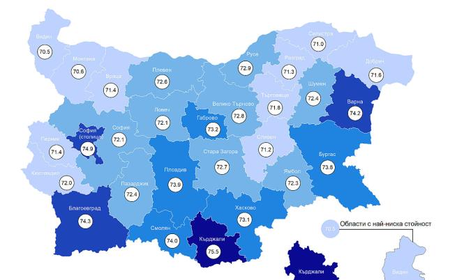  Фиг. 2. Очаквана междинна дълготрайност на идния живот по области 