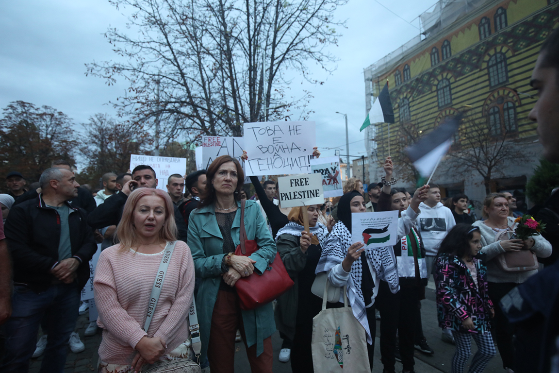 <p>Стотици се събраха на протест в защита на палестинския народ в центъра на София тази вечер</p>