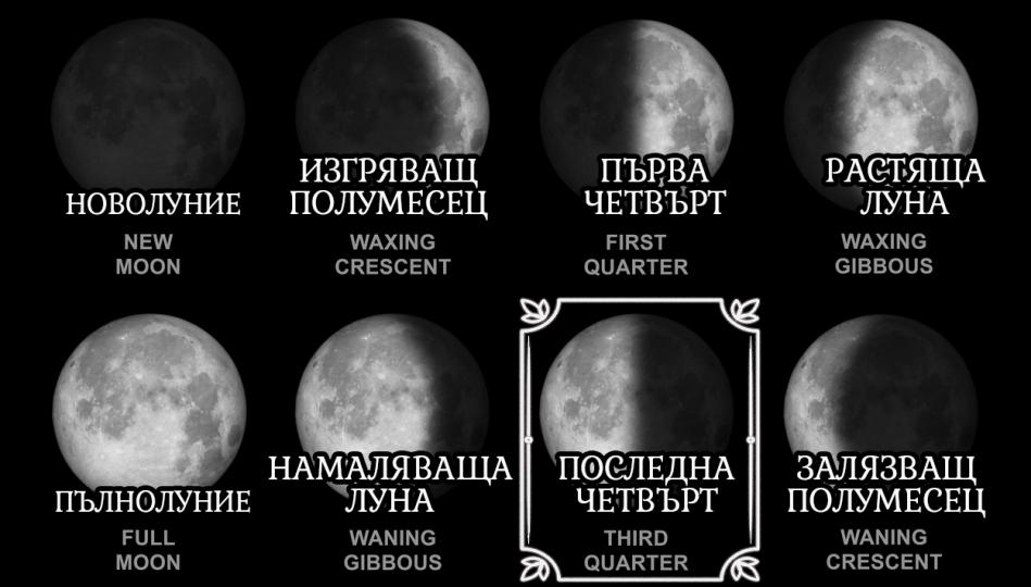 <p><strong>Последна четвърт (Last/Third Quarter Moon)</strong><br />
Вие сте търпелив, интуитивен и много емпатичен човек. Ако сте родени по време на тази лунна фаза, възможно е да те съзрели на ранен етап от живота си. Вашите дълбочина на разбиране, съпричастност и уравновесеност гарантират, че ще процъфтявате в области, свързани с консултирането и общуването с хора. Недостатъкът ви е, че вашето идеалистично мислене може да се счита за липса на гъвкавост от мнозина. Склонни сте към меланхолия и носталгия, така че трябва да се опитате да се съсредоточите върху бъдещето, оставяйки миналото зад гърба си. Понякога сте твърде мнителни и предпочитате собствената си компания. Някои от вас ще преминат през драматични промени в средата на жизнения си път. Вие непрекъснато преоценявате живота си, а в края на 50-те си години ще получите чувство за удовлетворение в живота.</p>