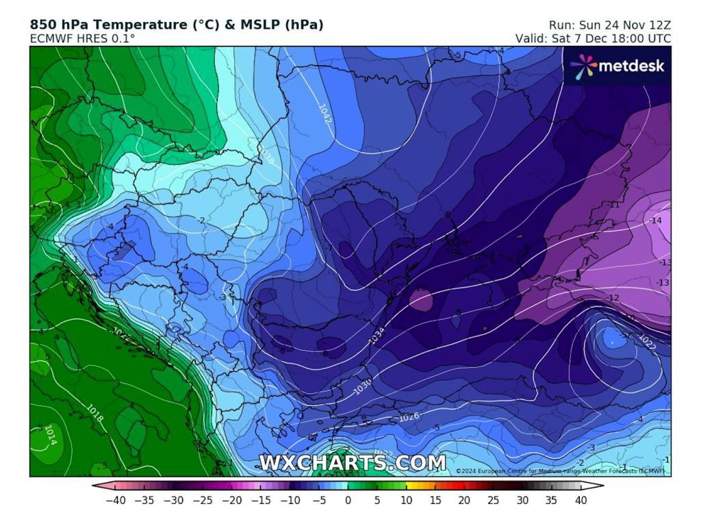 Ледено студено време около 8 декември  според ECMWF