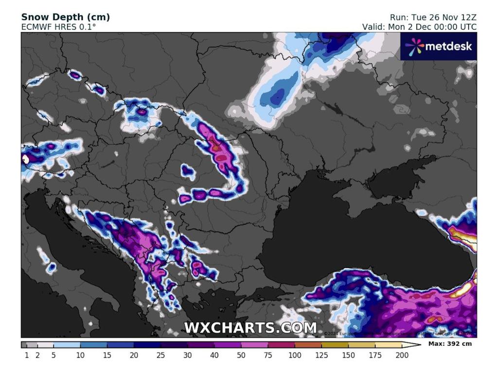 Прогнозирана снежна покривка според ECMWF