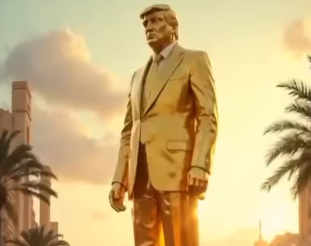 <p><strong>Визията на Доналд Тръмп за Газа &ndash; AI рай, златна статуя и Елън Мъск с хумус-&nbsp;</strong>През февруари Тръмп сподели генерирани от AI кадри на &bdquo;идеалното&ldquo; си бъдеще за Газа &ndash; с дубайски небостъргачи, екзотични плажове, луксозни яхти, купони, хотелски курорти&hellip; и гигантска златна статуя на самия него, с мини версии в сувенирен магазин. Още по-фантастични са кадрите, в които той танцува с оскъдно облечена&nbsp;танцьорка и почива край басейна с Бенямин Нетаняху. Елън Мъск се появява няколко пъти &ndash; ядейки хумус на плажа, докато танцьорки изпълняват номера на пясъка. В фон се чува денс песен: &bdquo;Пир и танц, сделката е сключена, Тръмп, Газа номер едно&ldquo;.</p>