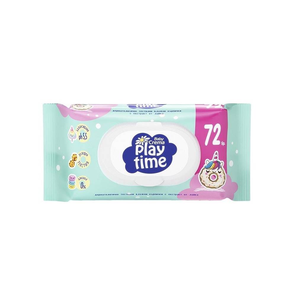 BABY CREMA PLAY TIME Бебешки мокри кърпички зелени/лилави, 72 бр.