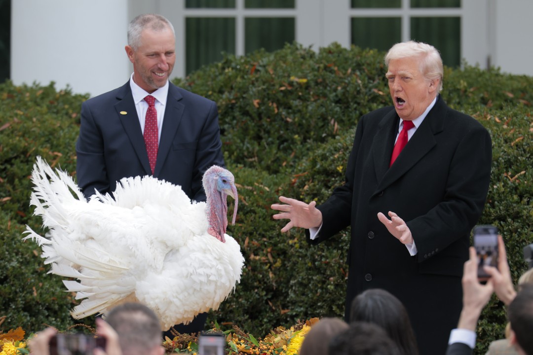 <p>Първата дама се появи облечена изцяло в кафяво за ежегодната церемония по помилването на пуйката в Белия дом. Тя съчета кафяв плетен пуловер с висока яка с туидна пола тип молив от Ralph Lauren и лъскава бомбър яка от датската дизайнерка Anine Bing, базирана в Лос Анджелис.</p>