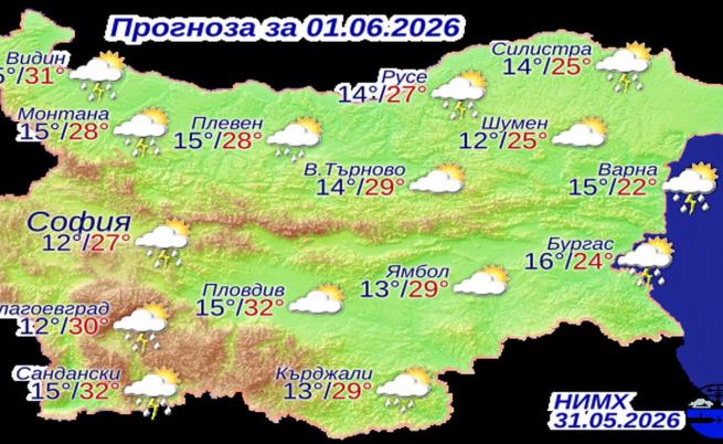 Прогнозни температури на НИМХ за понеделник, 1 юни