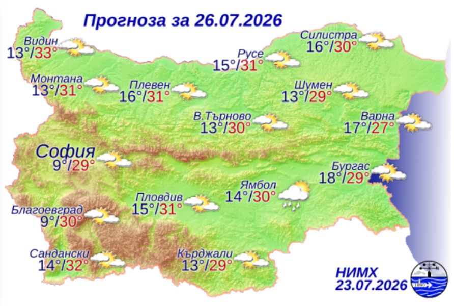 На снимката е показана метеорологична карта с прогнозата за времето за 26 юли 2026 г.