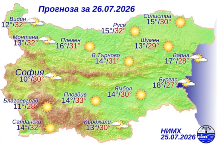 На снимката е показана метеорологична карта с прогнозата за времето за 26 юли 2026 г.