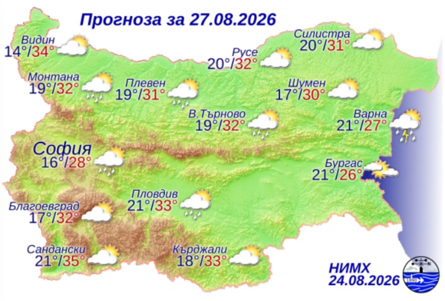 На снимката е показана метеорологична карта с прогнозата за времето за 27 август 2026 г.