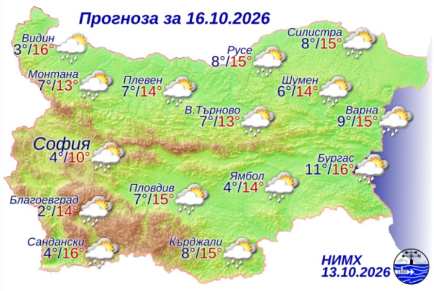 На снимката е показана метеорологична карта с прогнозата за времето за 15 октомври 2026 г.