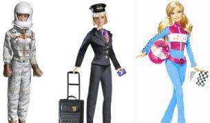 Барби: астронавт (1965 г.), пилот (1999 г.) и автомобилна състезателка (2010 г.)