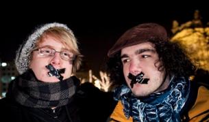 Протестиращи срещу новия медиен закон в Будапеща