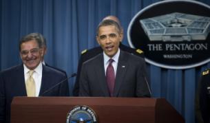 Президентът Обама и министърът на отбраната Лион Панета на пресконференцията в Пентагона